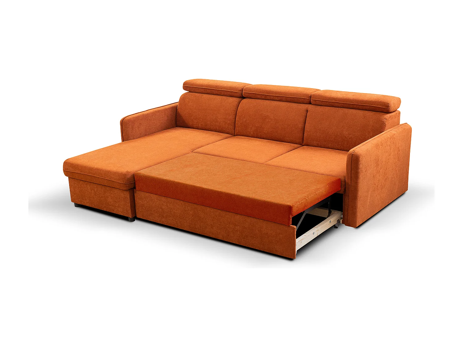 Canapé d'angle NOTTI convertible - Tétières mobiles - Coffre de rangement - Tissu lisse terracotta- Angle réversible