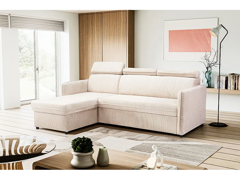 Canapé d'angle NOTTI convertible - Tétières mobiles - Coffre de rangement - Tissu velours cotelé beige - Angle réversible