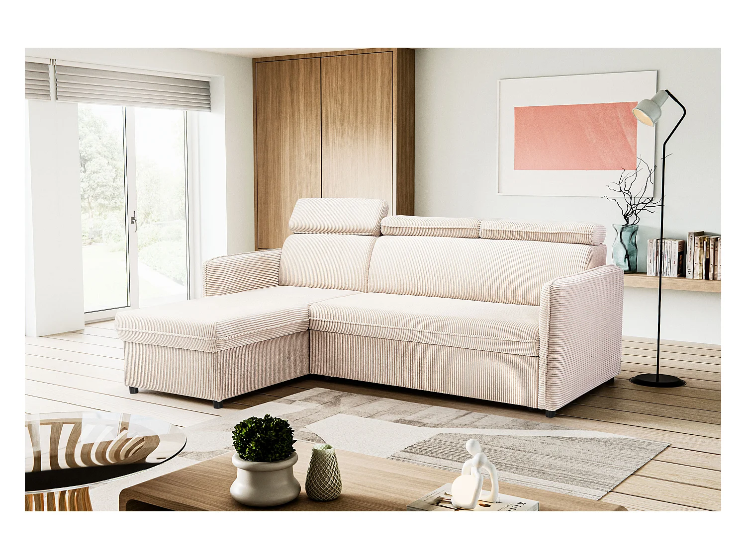 Canapé d'angle NOTTI convertible - Tétières mobiles - Coffre de rangement - Tissu velours cotelé beige - Angle réversible