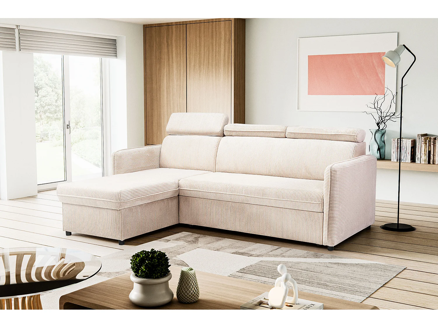 Canapé d'angle NOTTI convertible - Tétières mobiles - Coffre de rangement - Tissu velours cotelé beige - Angle réversible