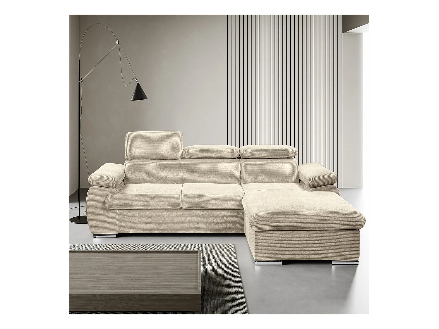 Canapé d'angle coté droit convertible velours côtelé beige avec têtières - KOST