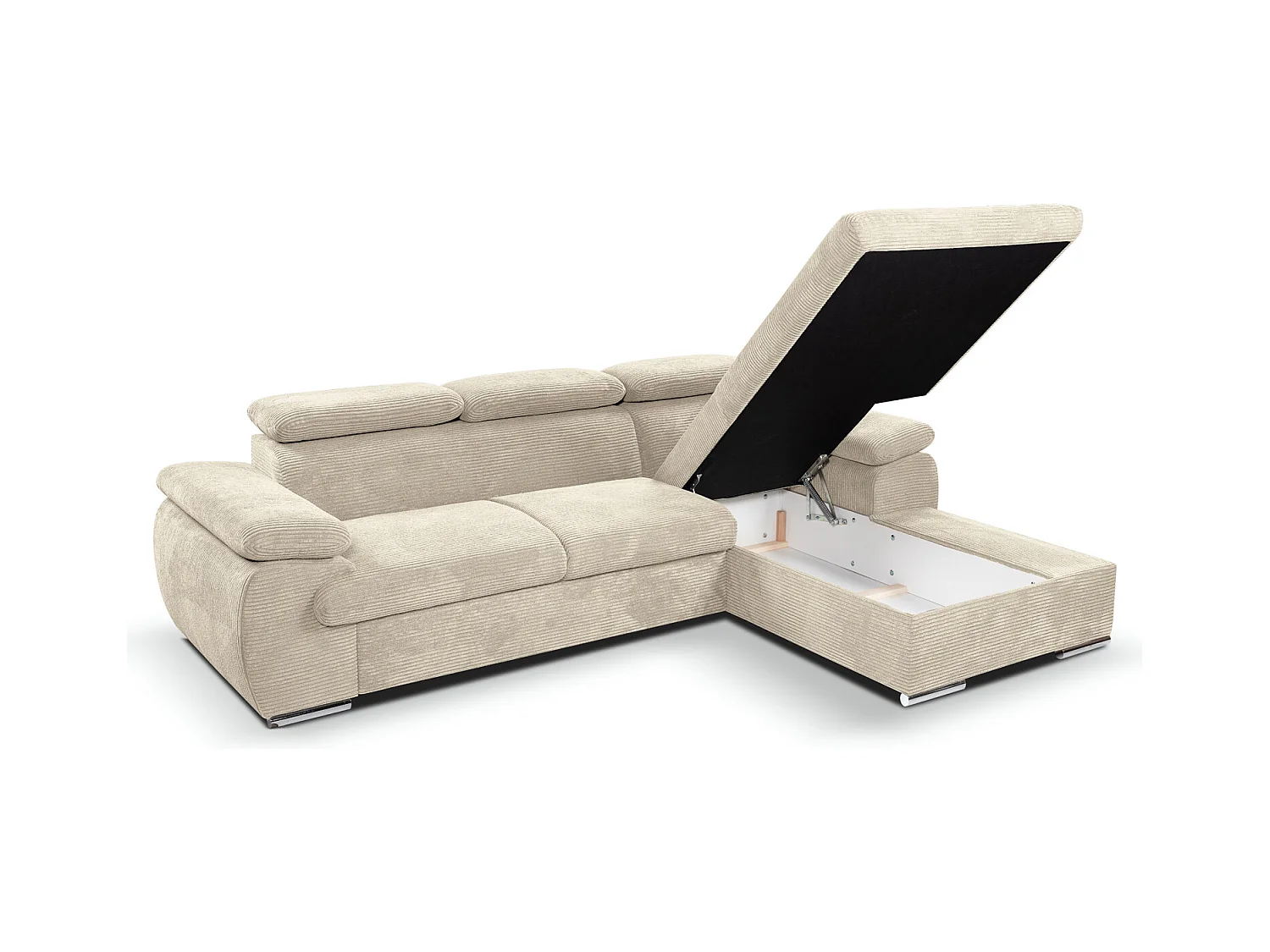 Canapé d'angle coté droit convertible velours côtelé beige avec têtières - KOST