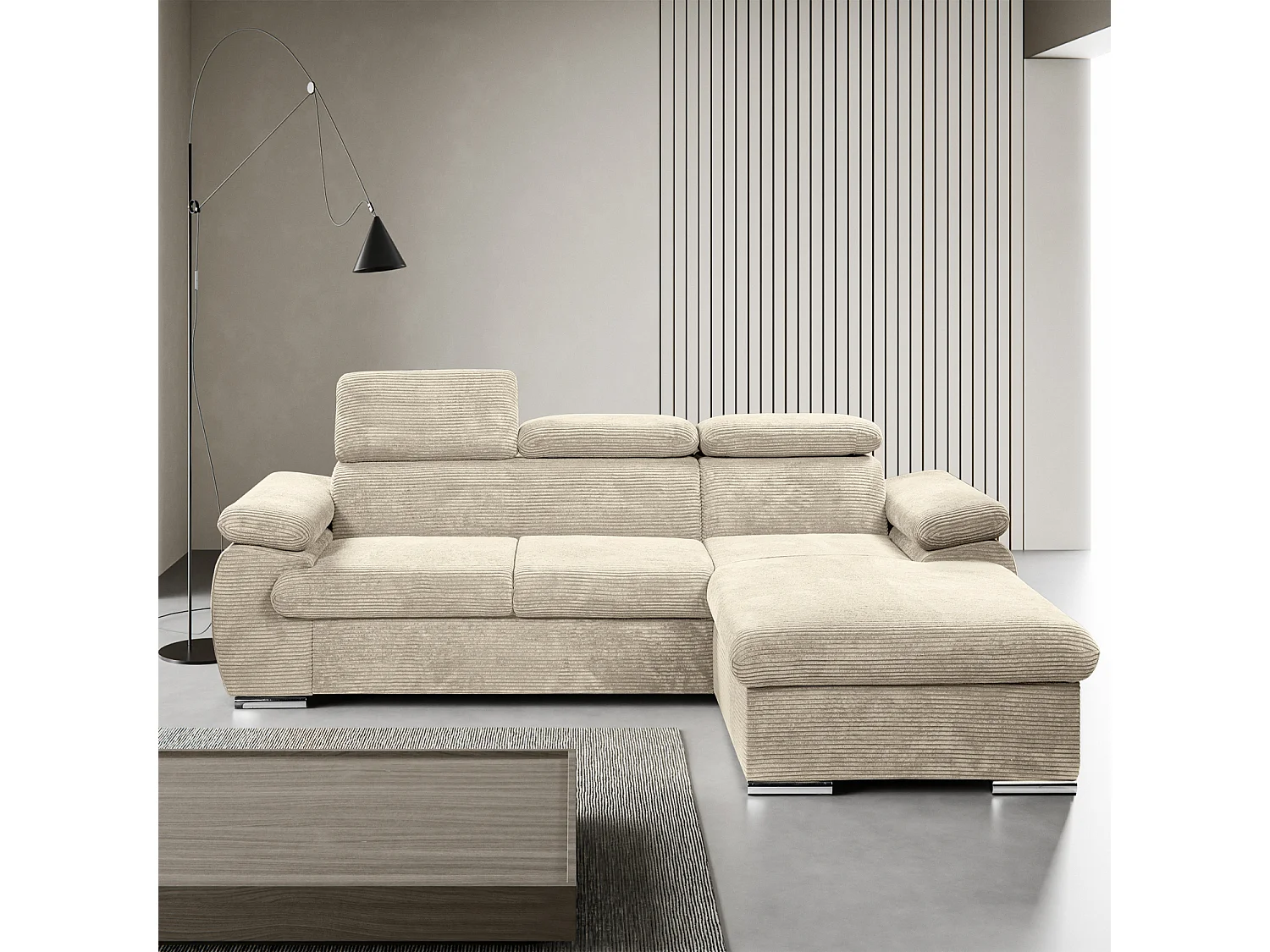 Canapé d'angle coté droit convertible velours côtelé beige avec têtières - KOST