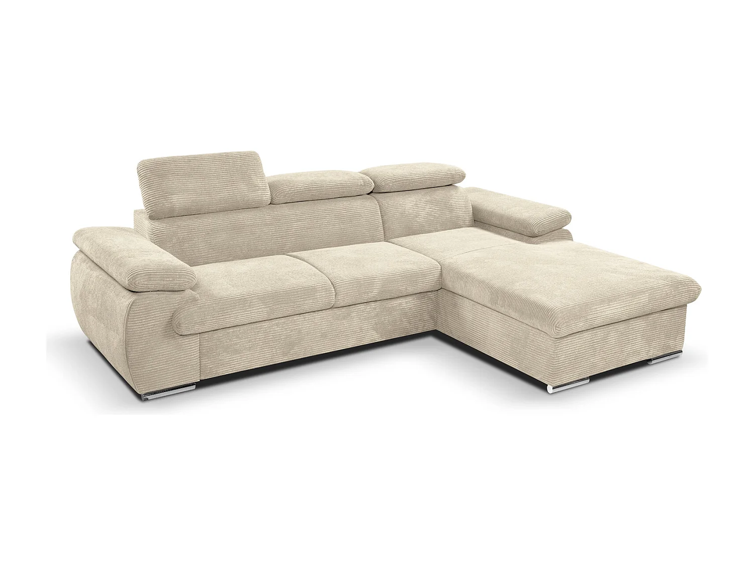 Canapé d'angle coté droit convertible velours côtelé beige avec têtières - KOST