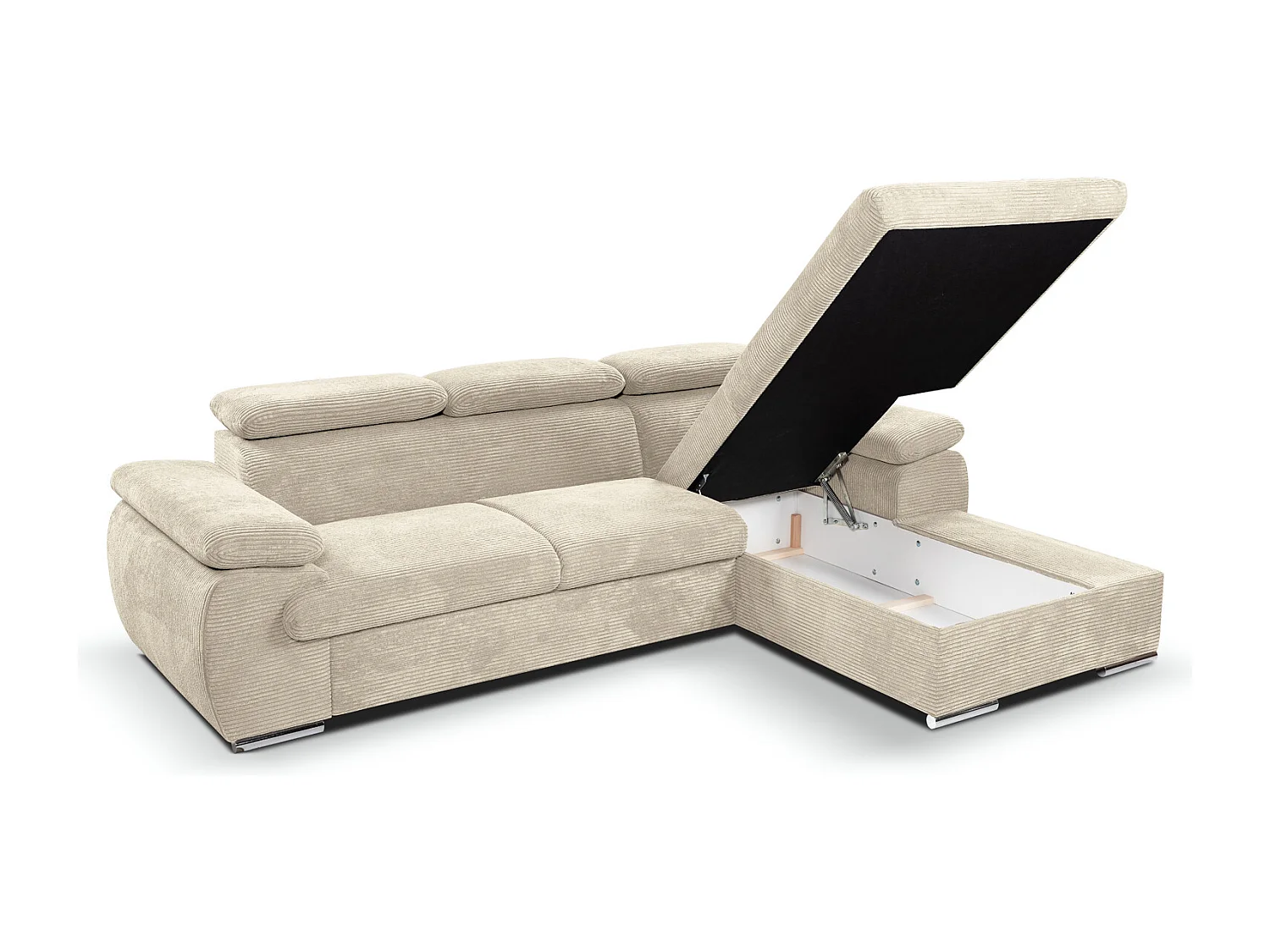 Canapé d'angle coté droit convertible velours côtelé beige avec têtières - KOST