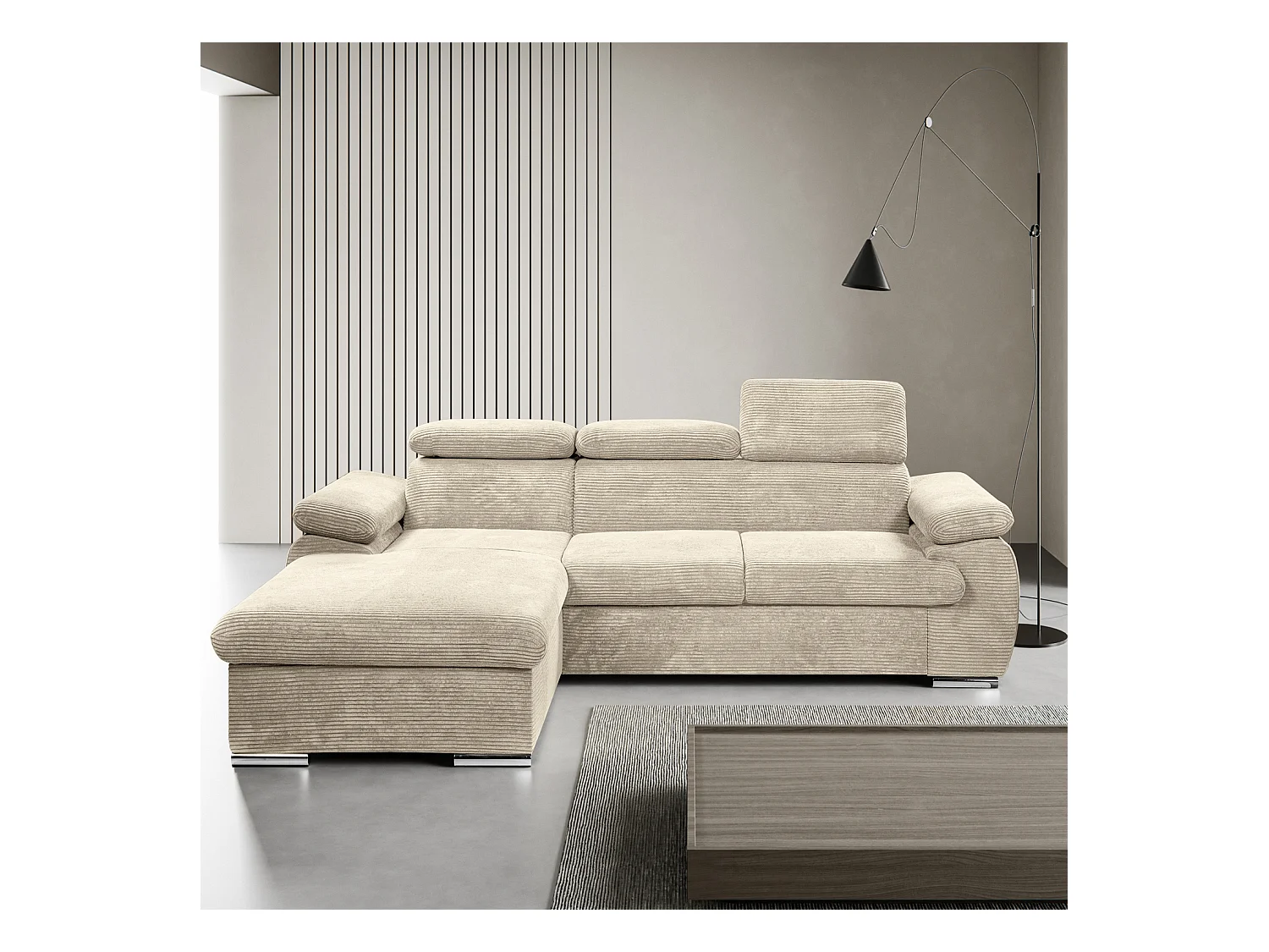 Canapé d'angle coté gauche convertible velours côtelé beige avec têtières - KOST