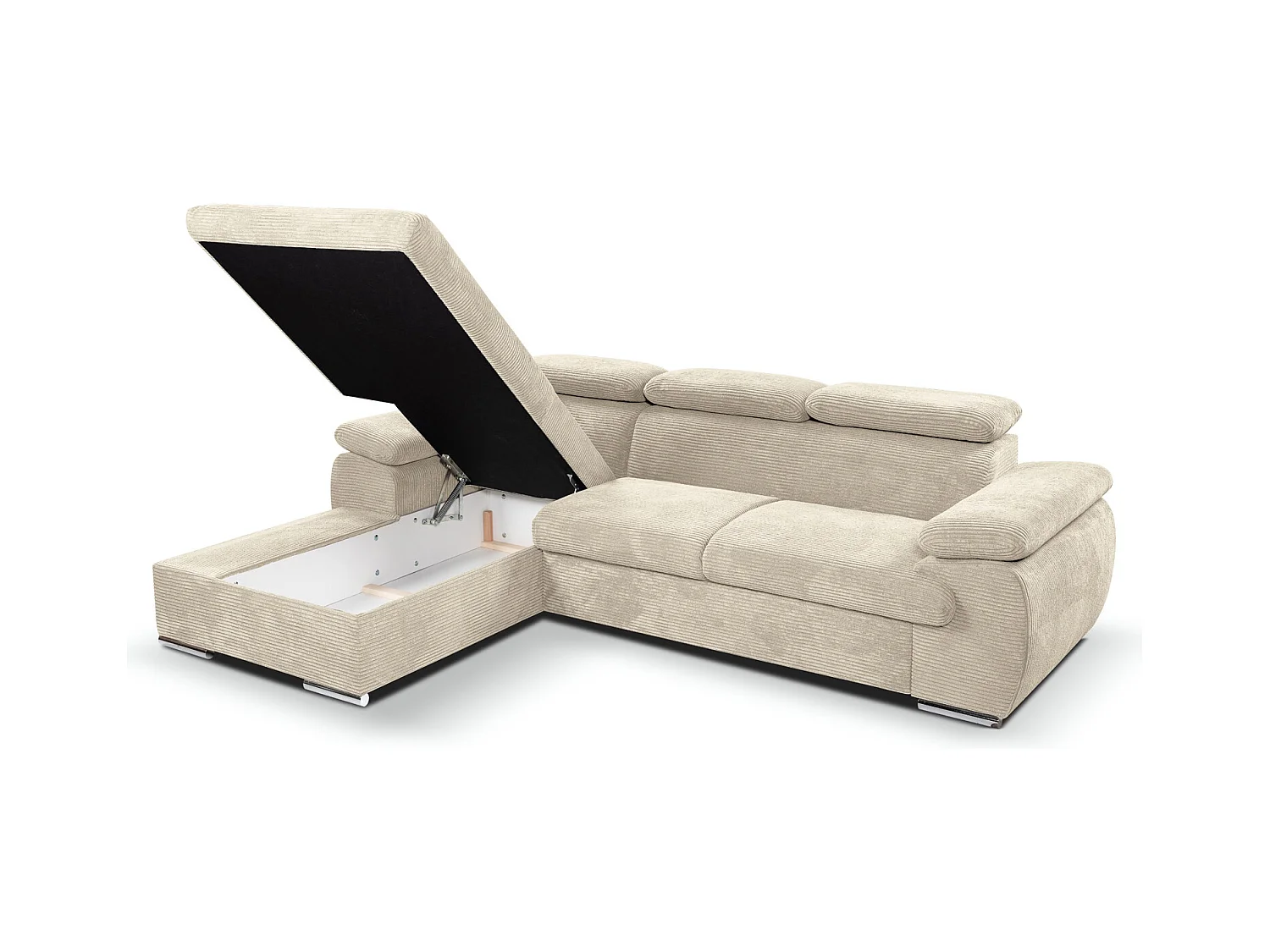 Canapé d'angle coté gauche convertible velours côtelé beige avec têtières - KOST