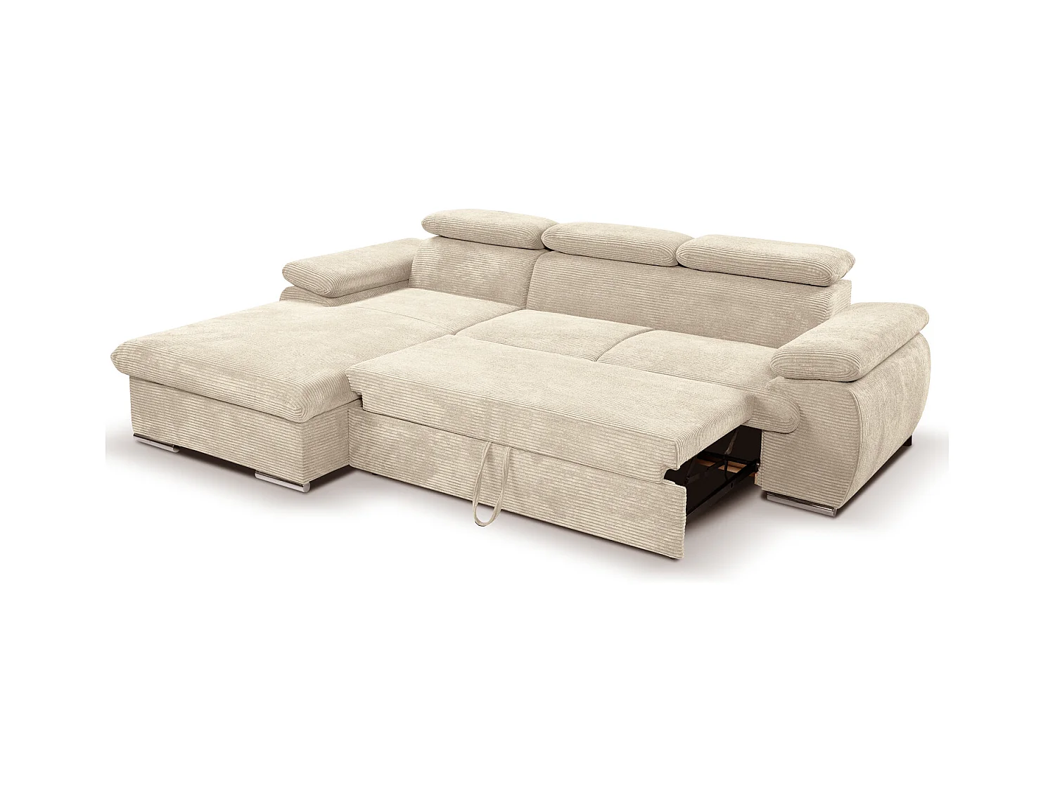 Canapé d'angle coté gauche convertible velours côtelé beige avec têtières - KOST