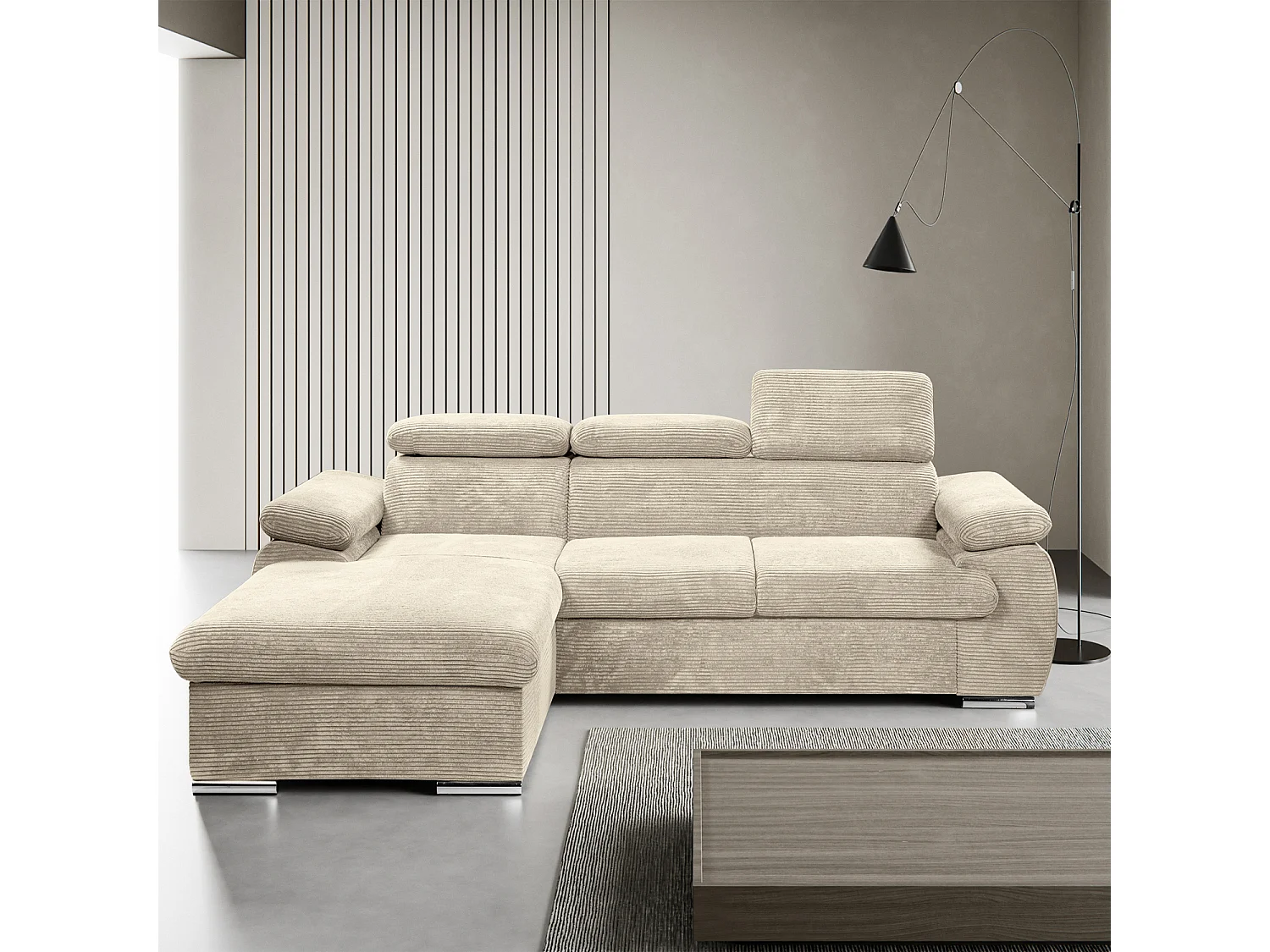 Canapé d'angle coté gauche convertible velours côtelé beige avec têtières - KOST