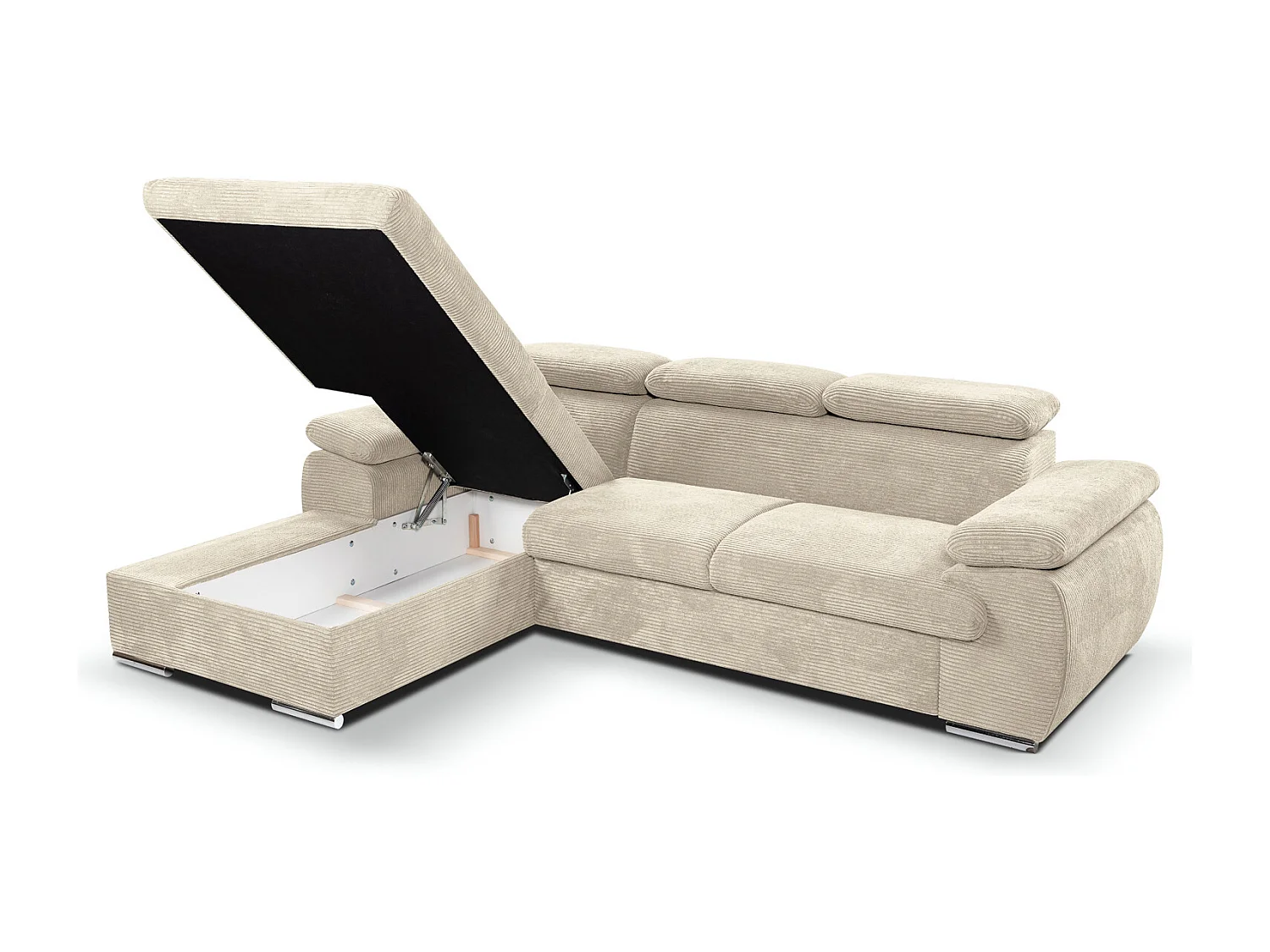 Canapé d'angle coté gauche convertible velours côtelé beige avec têtières - KOST
