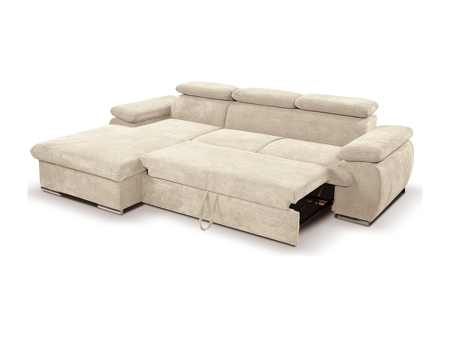 Canapé d'angle coté gauche convertible velours côtelé beige avec têtières - KOST