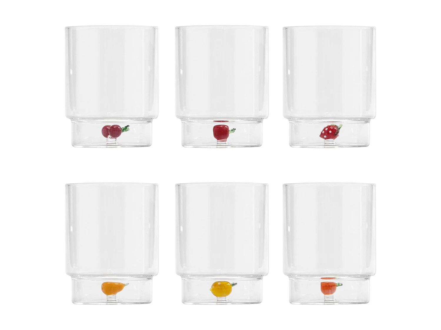 Zafferano Teca Frutta Mix – Set mit 6 Gläsern aus Borosilikatglas mit Früchten – 35 cl Becher, doppelter Boden, handdekoriert, leicht abwaschbar