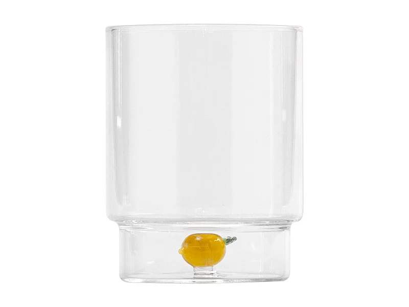 Zafferano Teca Frutta - Set 6 Bicchieri in Vetro Borosilicato con Limone - Tumbler 35 cl Doppio Fondo Decorato a Mano, Lavabili Facilmente