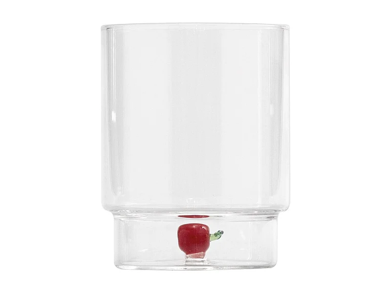 Zafferano Teca Frutta - Set 6 Bicchieri in Vetro Borosilicato con Mela - Tumbler 35 cl Doppio Fondo Decorato a Mano, Lavabili Facilmente