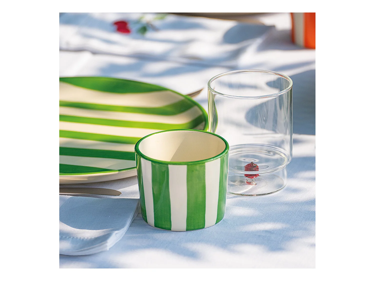 Zafferano Teca Frutta - Juego de 6 Vasos de Vidrio Borosilicato con Fresa - Vaso de 35 cl Doble Fondo Decorado a Mano, Fácilmente Lavable