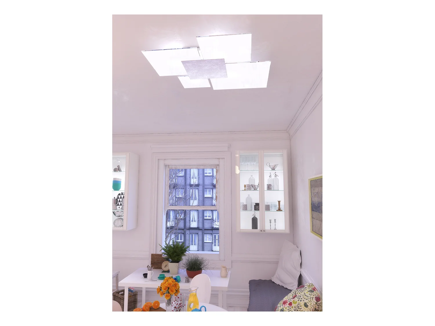 Plafonnier rectangulaire Toplight Upgrade 4 lumières avec culot GX53, structure couleur argent et blanc, design moderne 91x86x15cm