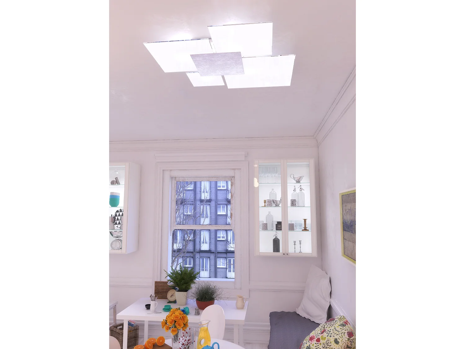 Plafonnier rectangulaire Toplight Upgrade 4 lumières avec culot GX53, structure couleur argent et blanc, design moderne 91x86x15cm