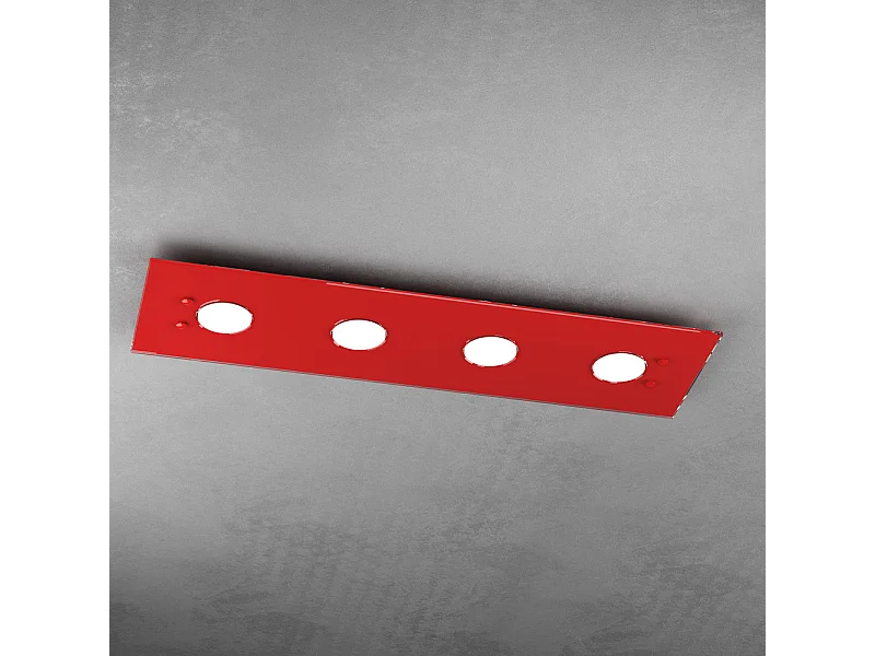 Plafonnier rectangulaire Toplight Path 4 lumières avec culot GX53, structure rouge, design moderne 80x20x3cm