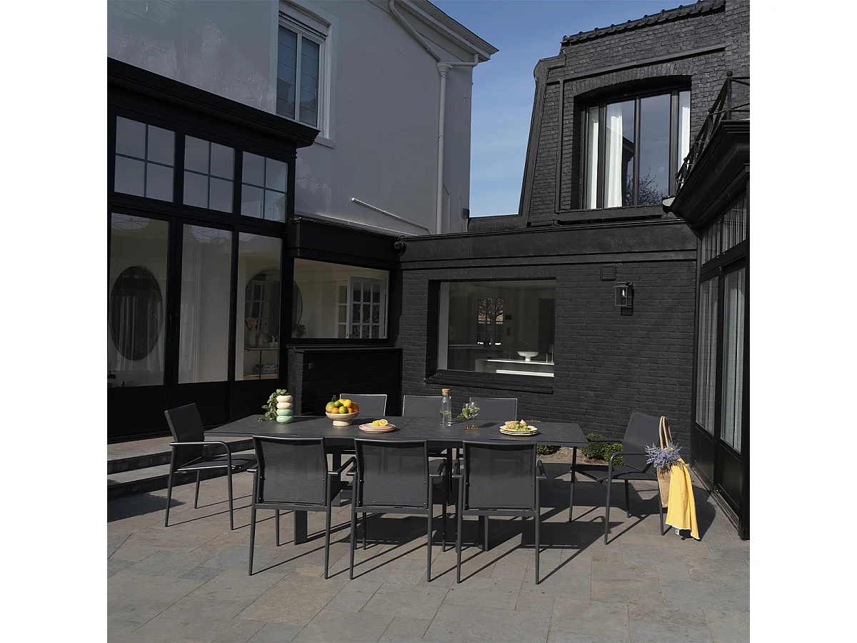 Table de jardin aluminium et verre effet pierre 6/10P extensible MODULO