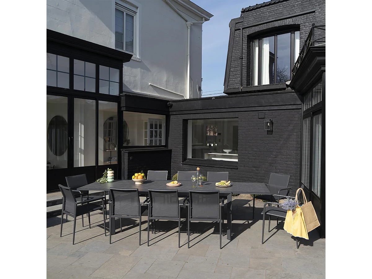Table de jardin aluminium et verre effet pierre 8/12P extensible MODULO