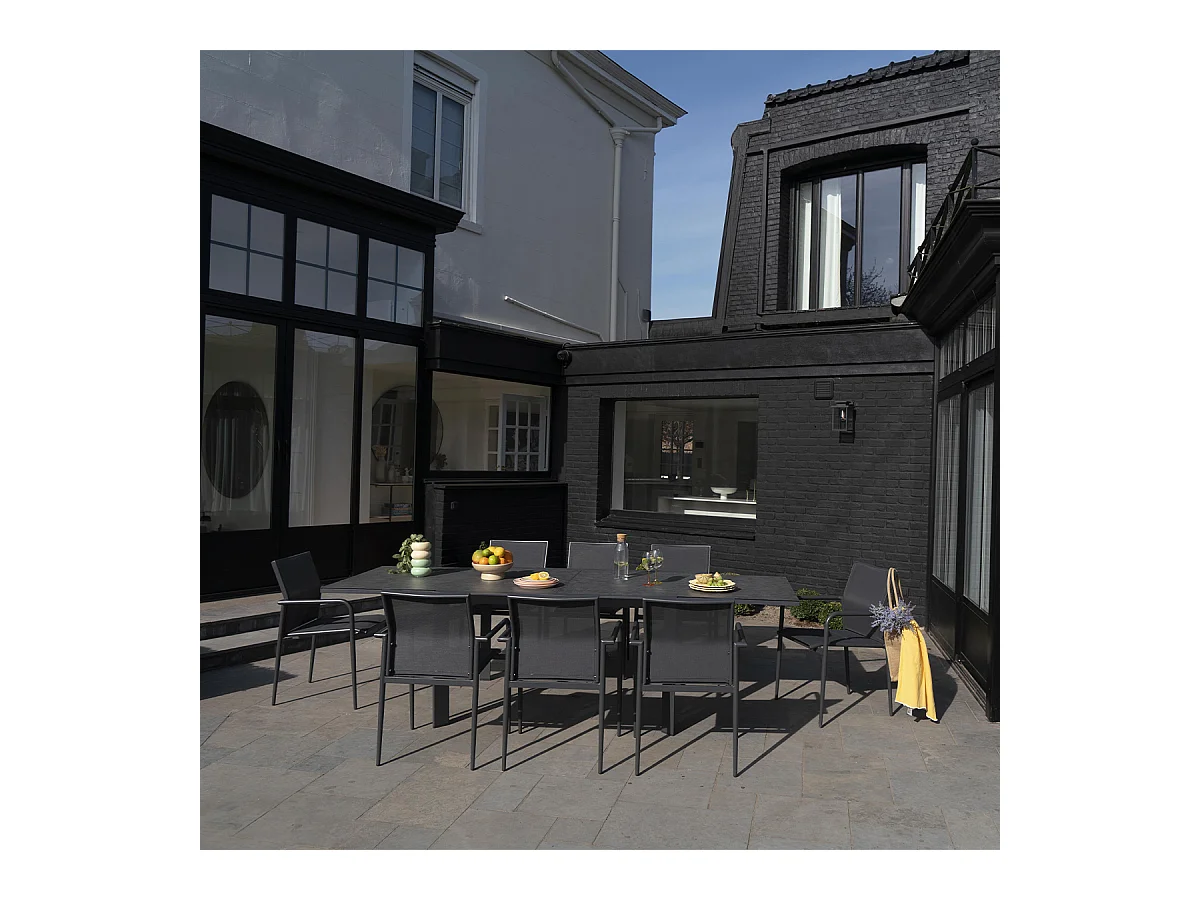 Ensemble 6/10p en aluminium et plateau en verre Gris avec 8 fauteuils MODULO