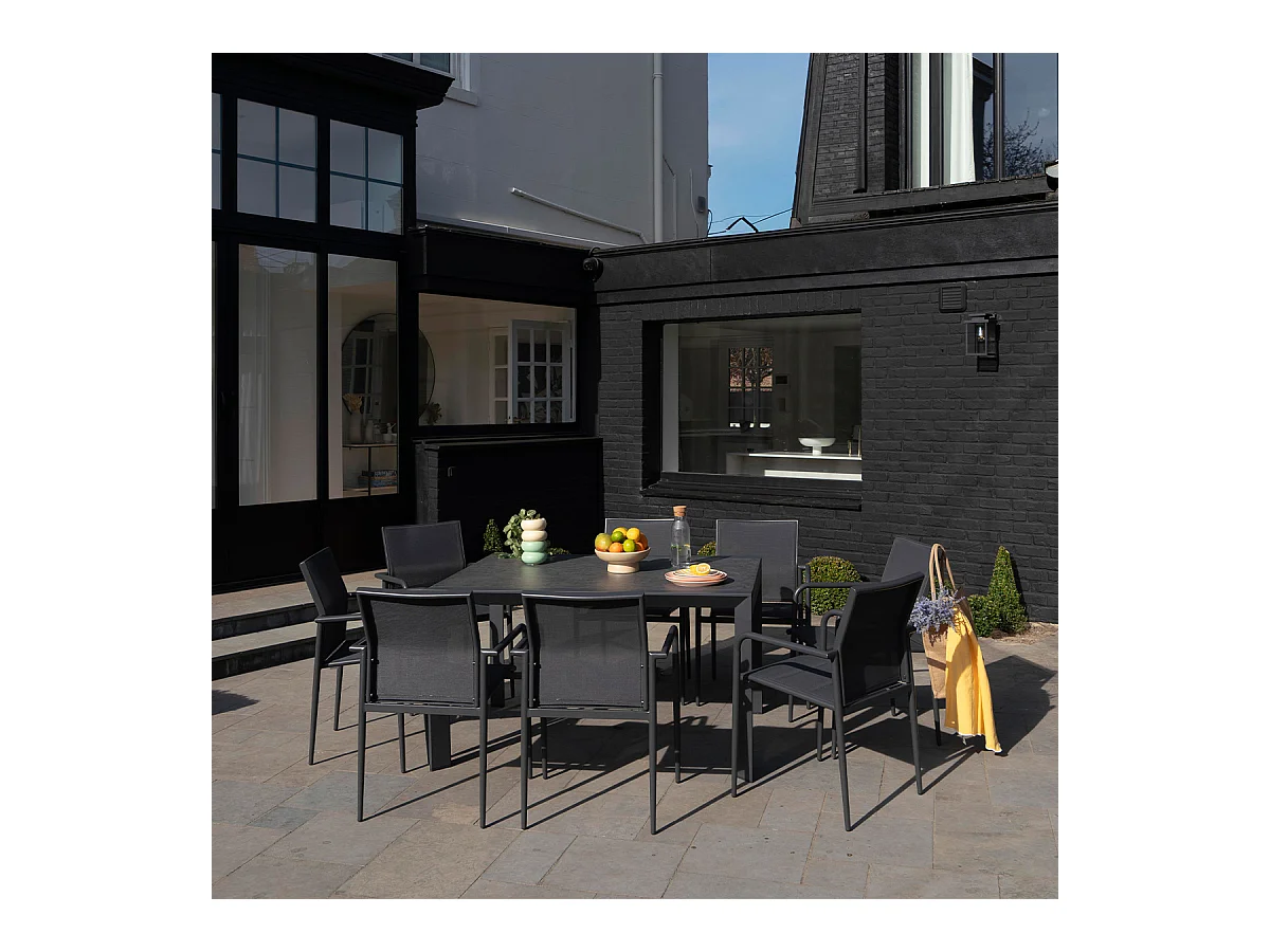 Ensemble 6/10p en aluminium et plateau en verre Gris avec 8 fauteuils MODULO