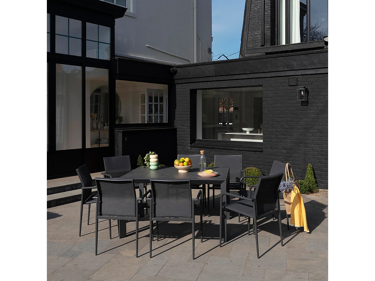 Ensemble 6/10p en aluminium et plateau en verre Gris avec 8 fauteuils MODULO