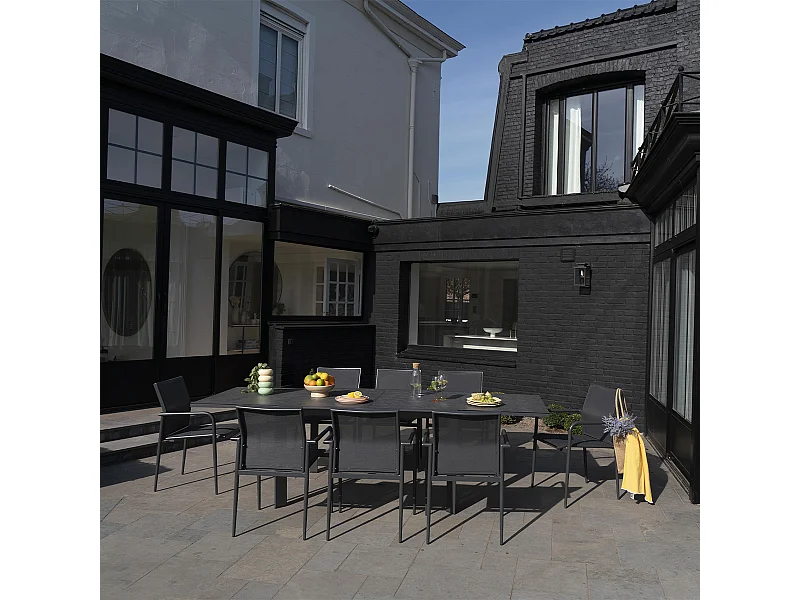 Ensemble 6/10p en aluminium et plateau en verre Gris avec 8 fauteuils MODULO