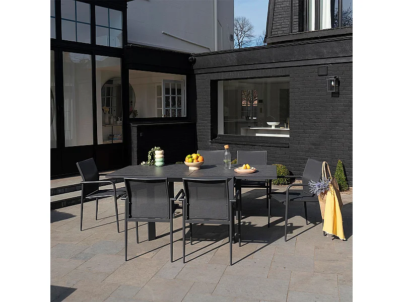 Ensemble 4/8p en aluminium et plateau en verre Gris avec 6 fauteuils MODULO