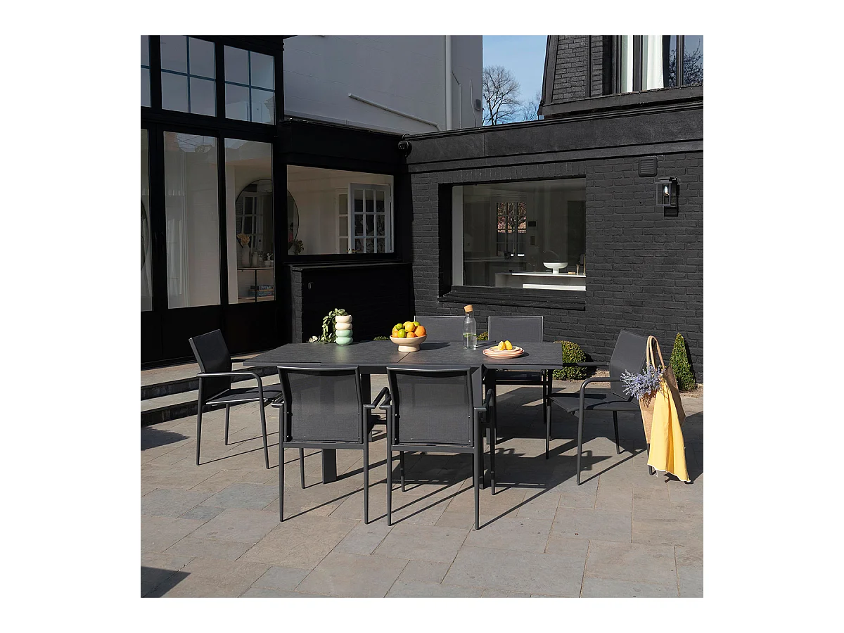Ensemble 4/8p en aluminium et plateau en verre Gris avec 6 fauteuils MODULO