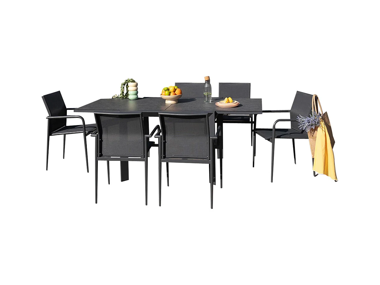 Ensemble 4/8p en aluminium et plateau en verre Gris avec 6 fauteuils MODULO