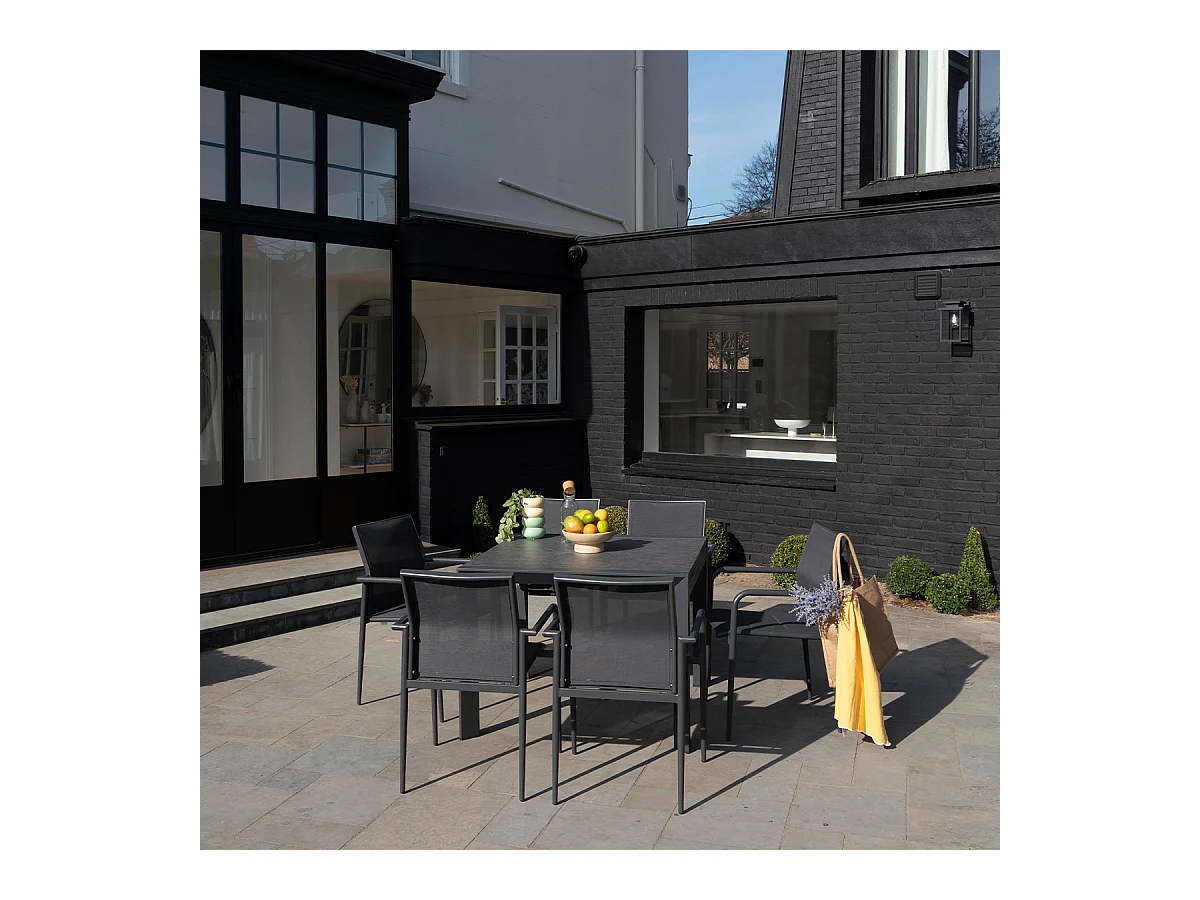 Ensemble 4/8p en aluminium et plateau en verre Gris avec 6 fauteuils MODULO