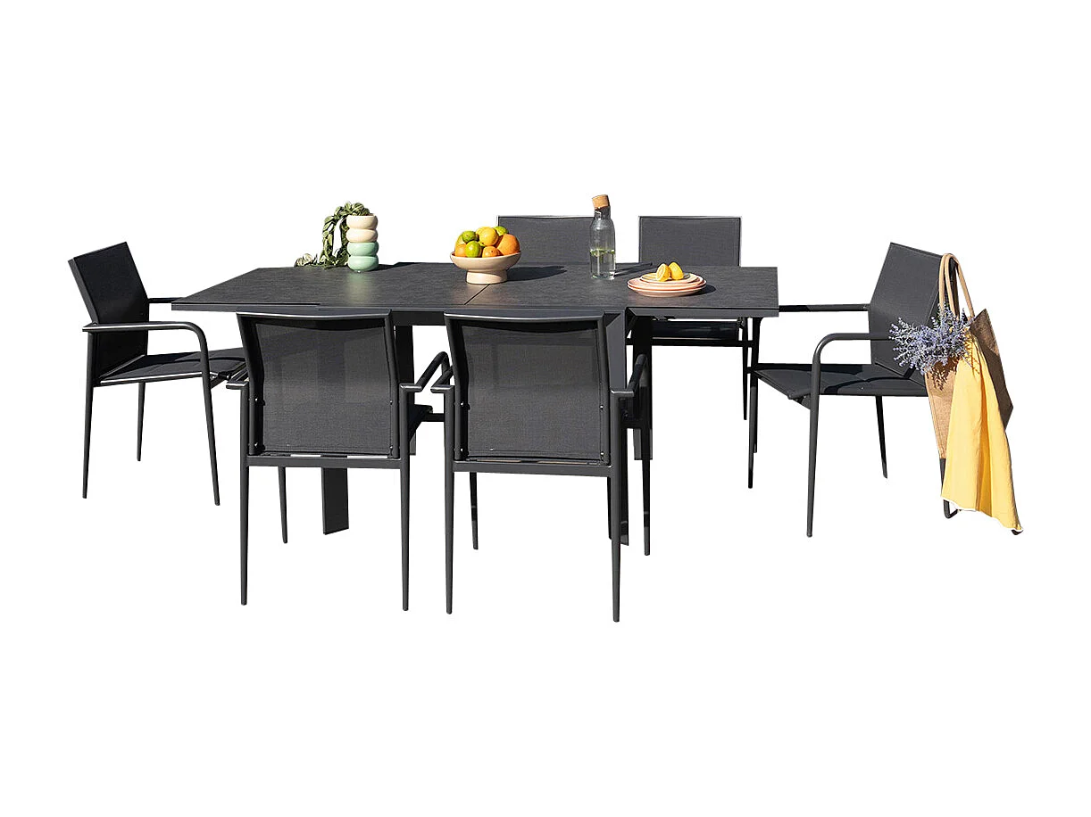 Ensemble 4/8p en aluminium et plateau en verre Gris avec 6 fauteuils MODULO