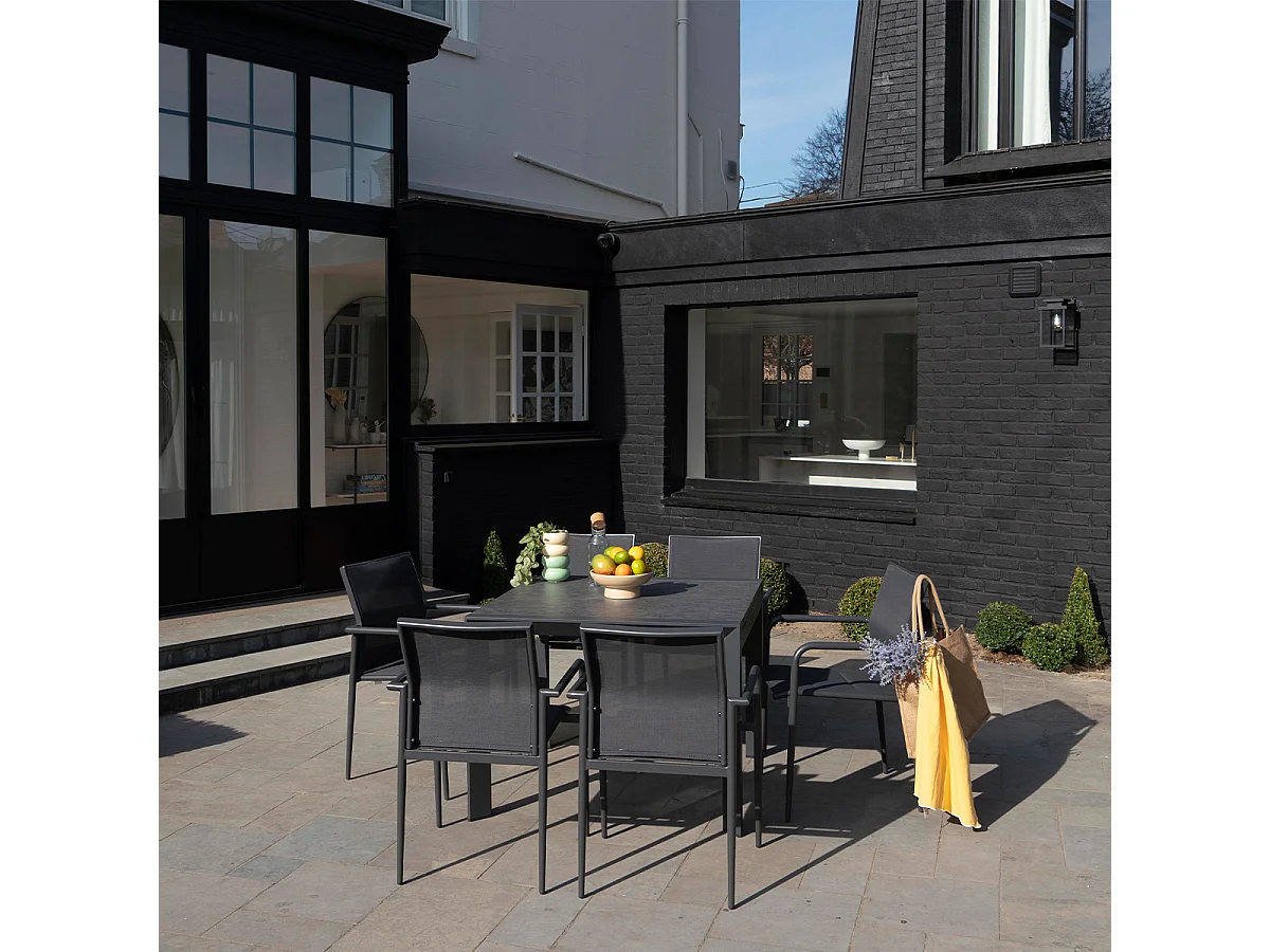 Ensemble 4/8p en aluminium et plateau en verre Gris avec 6 fauteuils MODULO