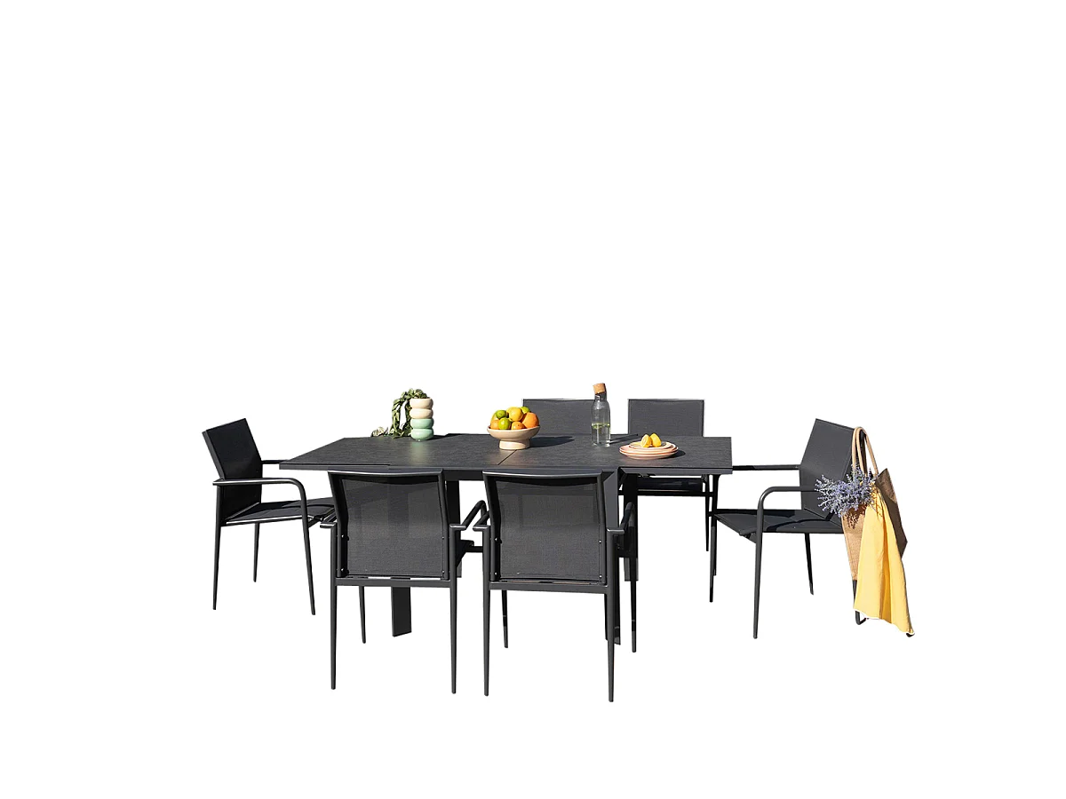 Ensemble de jardin aluminium gris 4/8P MODULO avec 6 fauteuils