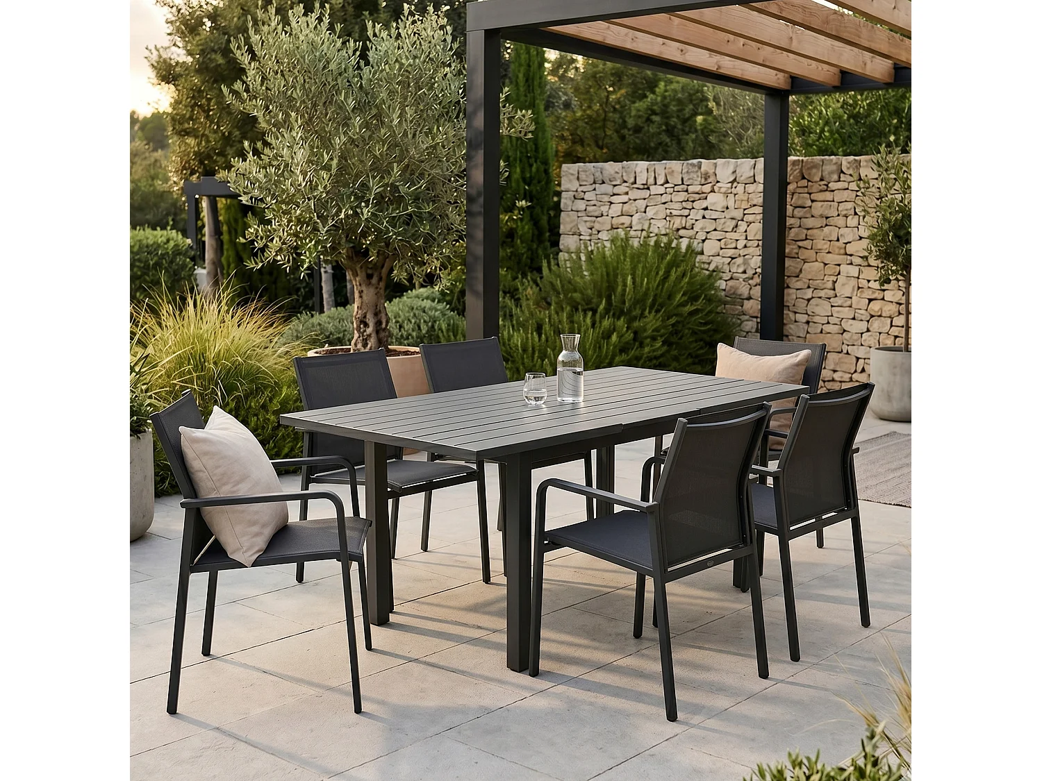 Ensemble 4/8p en full aluminium Gris avec 6 fauteuils MODULO