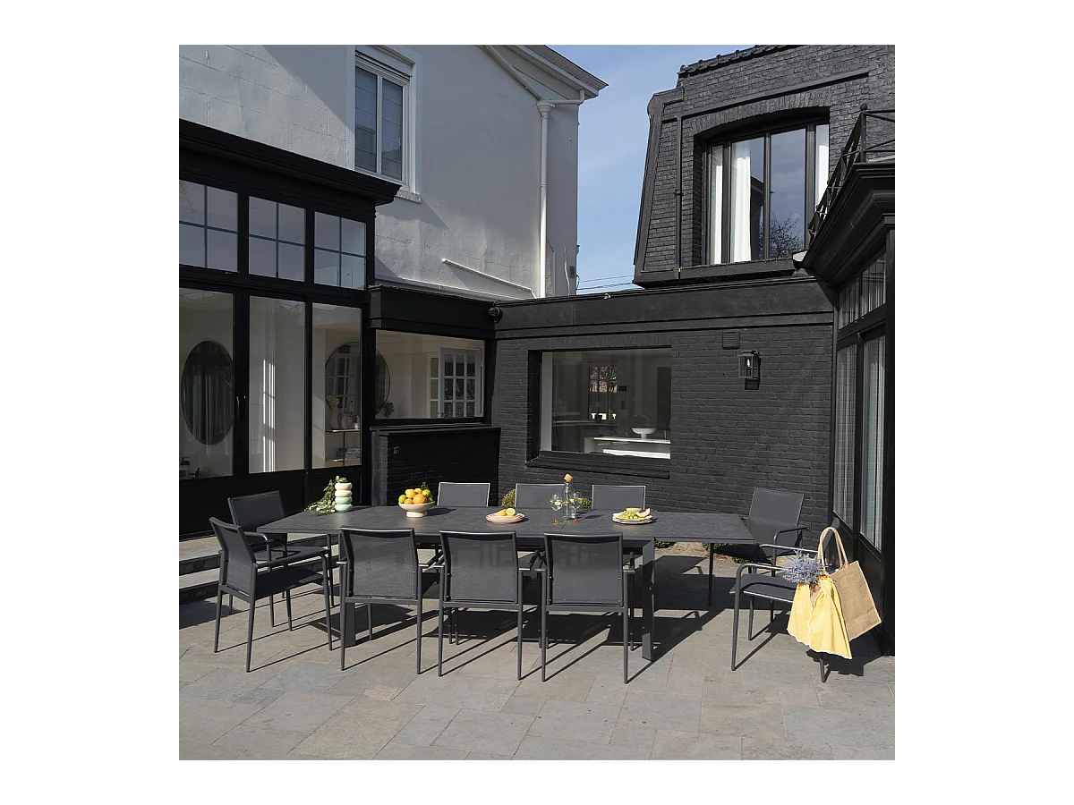 Ensemble 8/12p en aluminium et plateau en verre Gris avec 10 fauteuils MODULO