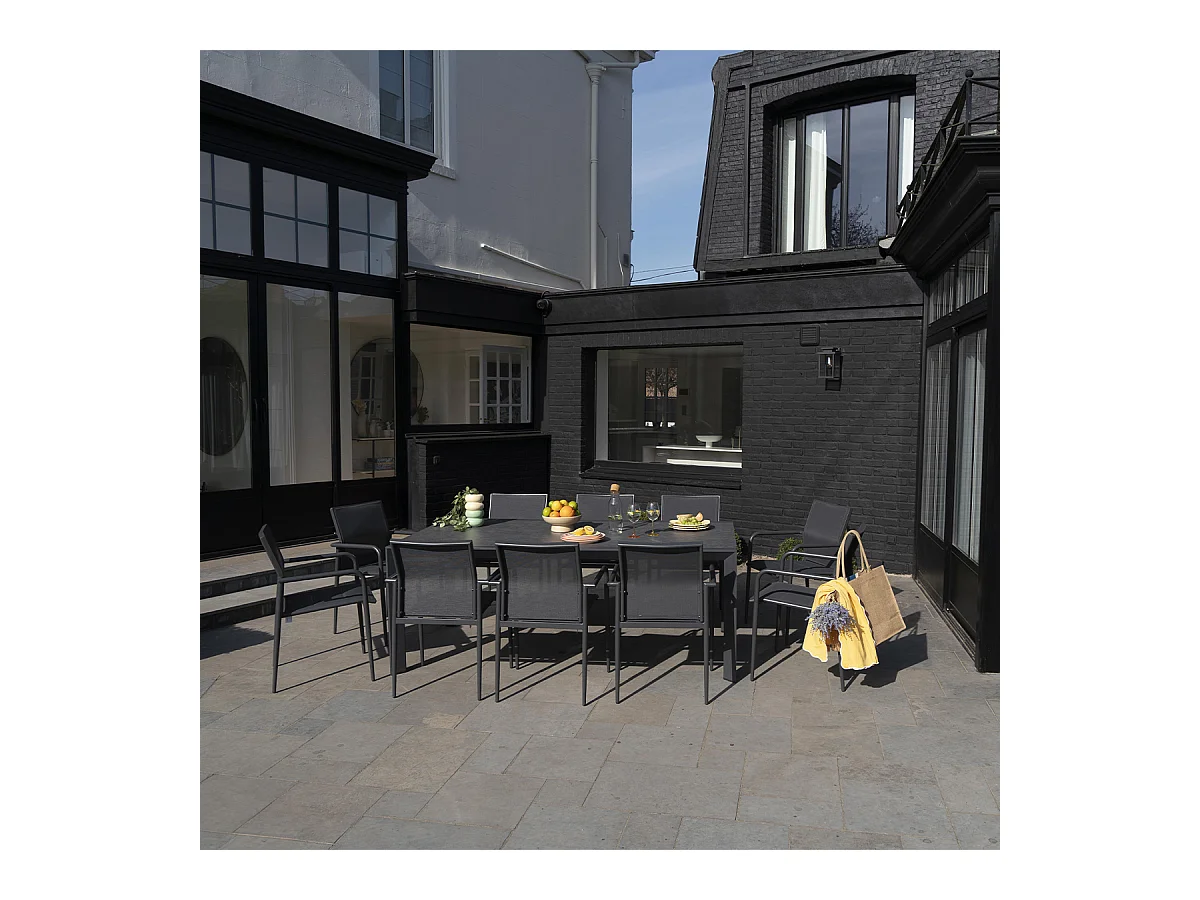 Ensemble 8/12p en aluminium et plateau en verre Gris avec 10 fauteuils MODULO