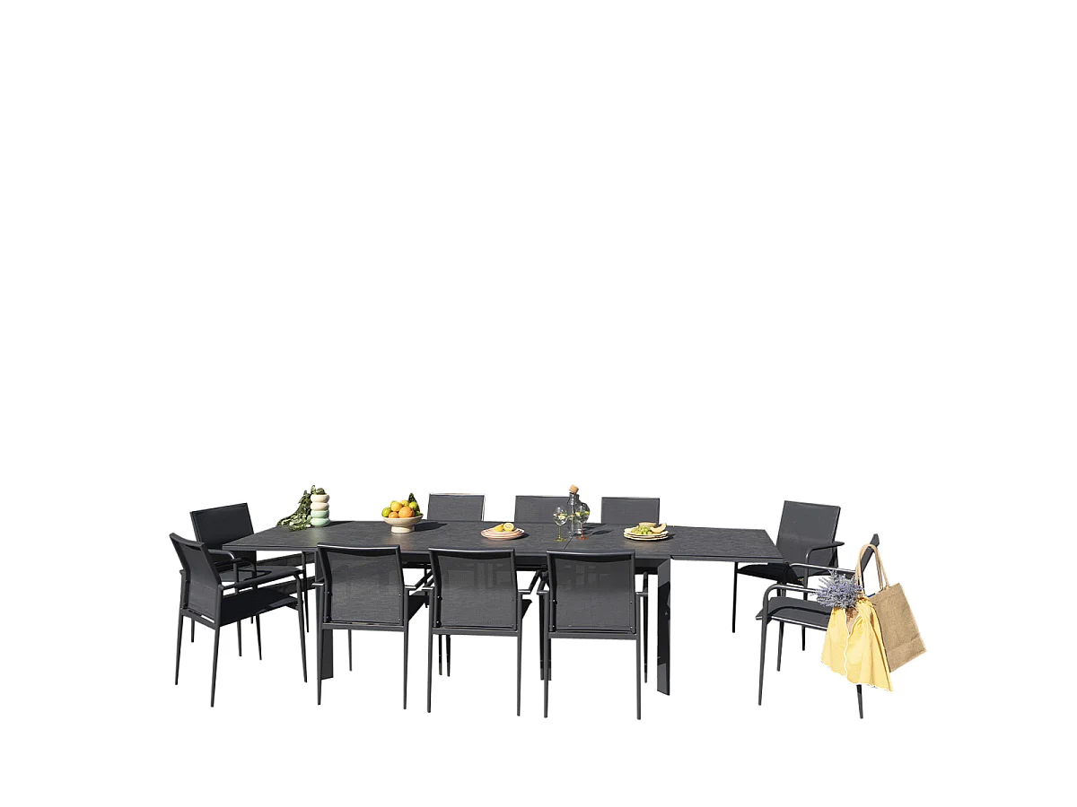 Ensemble 8/12p en aluminium et plateau en verre Gris avec 10 fauteuils MODULO