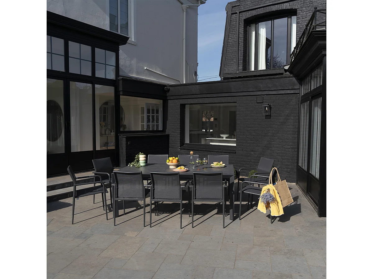 Ensemble 8/12p en aluminium et plateau en verre Gris avec 10 fauteuils MODULO