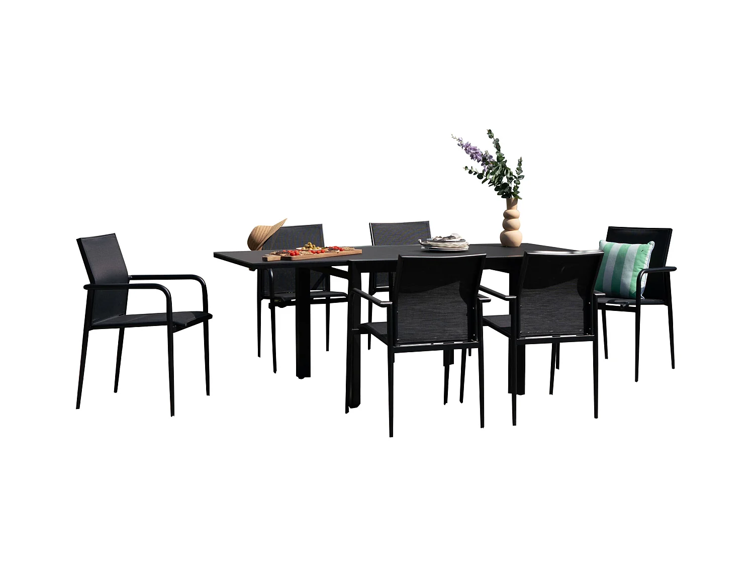 Ensemble 4/8p en aluminium et plateau en verre poli Noir avec 6 fauteuils MODULO