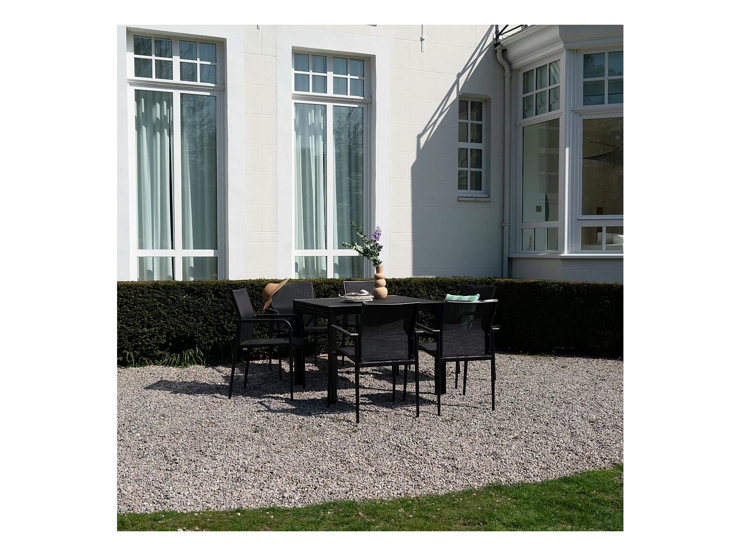 Ensemble 4/8p en aluminium et plateau en verre poli Noir avec 6 fauteuils MODULO