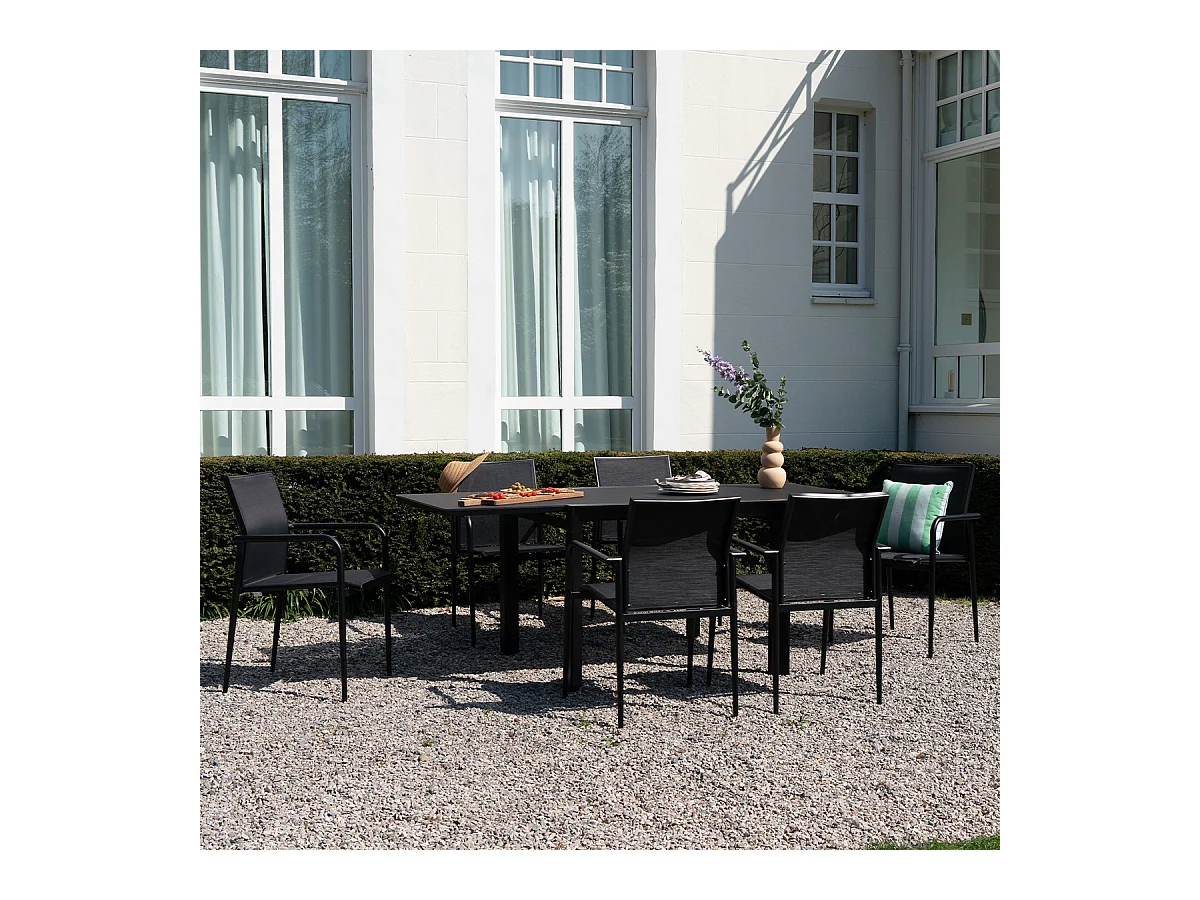 Ensemble 4/8p en aluminium et plateau en verre poli Noir avec 6 fauteuils MODULO