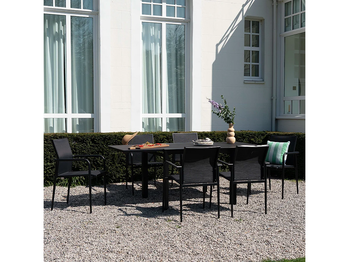 Ensemble 4/8p en aluminium et plateau en verre poli Noir avec 6 fauteuils MODULO