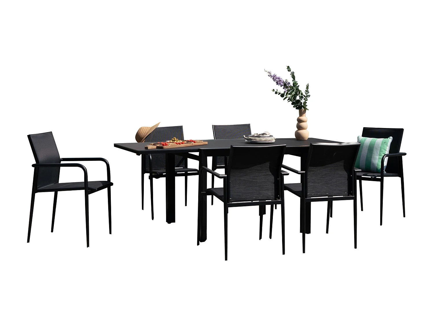 Ensemble 4/8p en aluminium et plateau en verre poli Noir avec 6 fauteuils MODULO