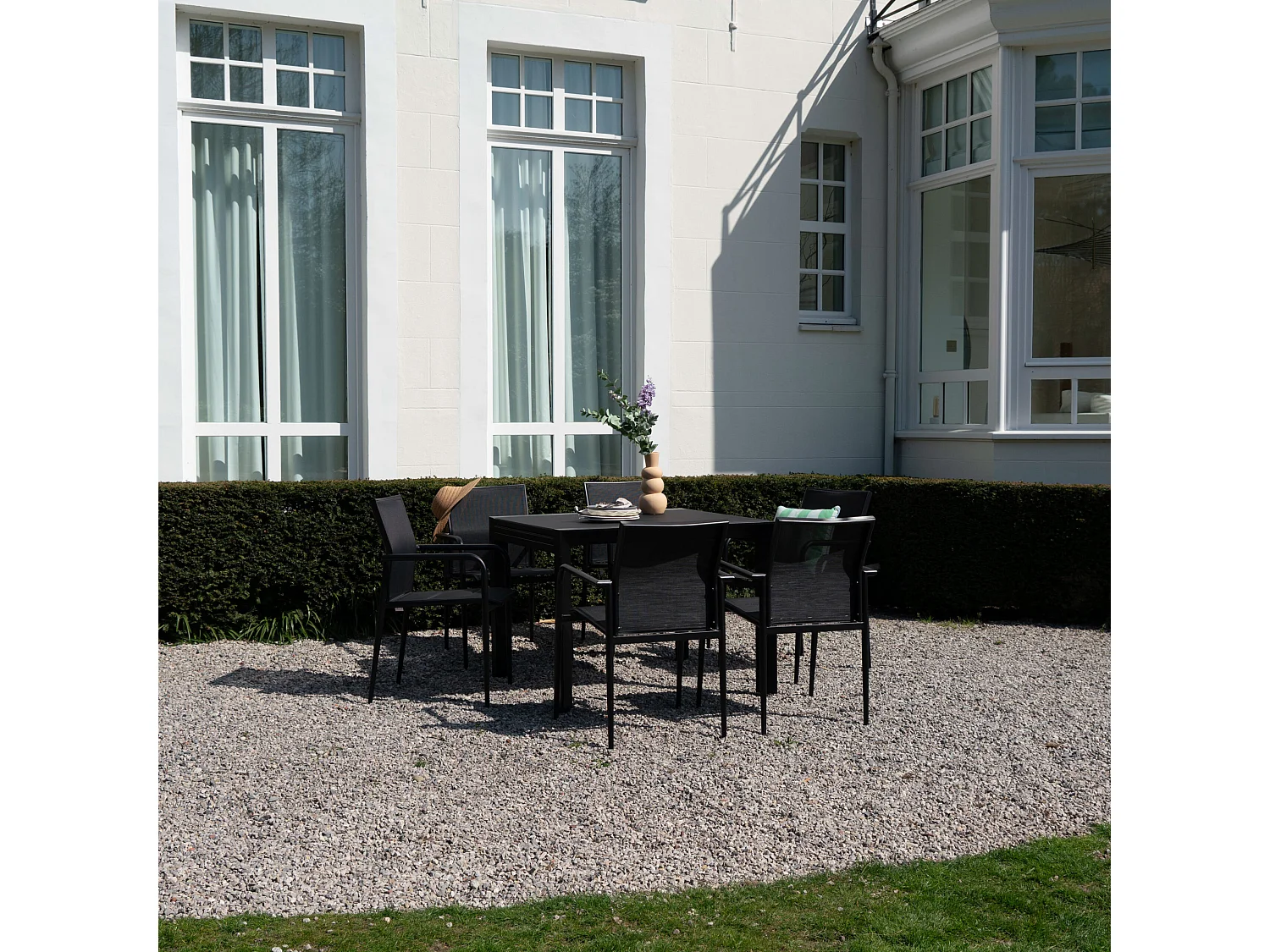 Ensemble 4/8p en aluminium et plateau en verre poli Noir avec 6 fauteuils MODULO