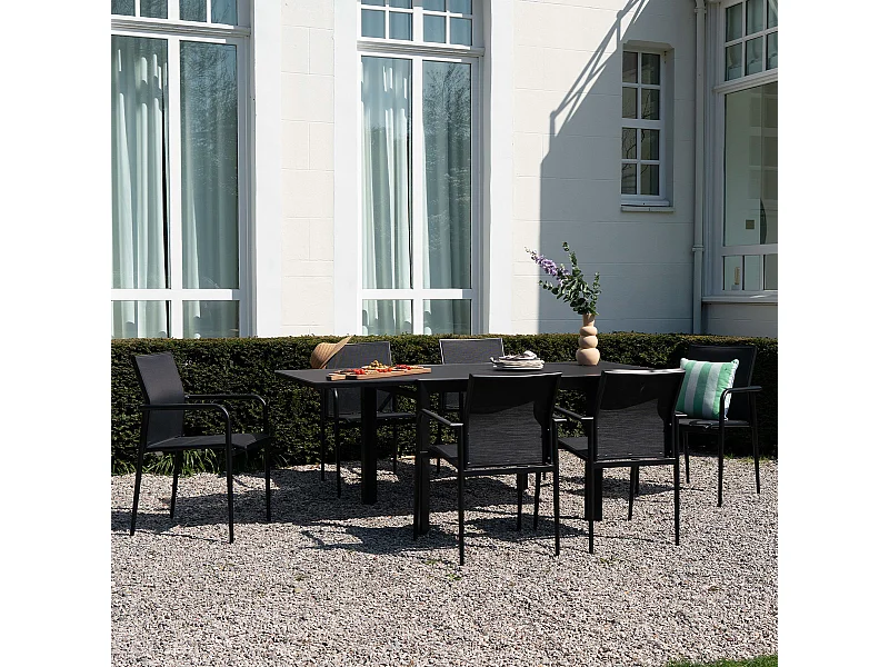 Ensemble 4/8p en aluminium et plateau en verre poli Noir avec 6 fauteuils MODULO