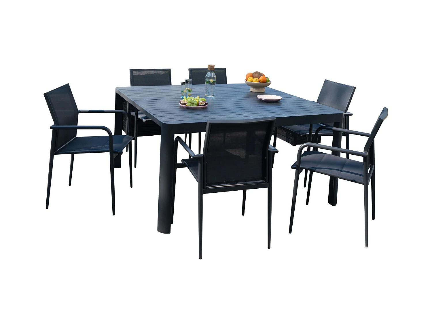 Ensemble Carrée 4/8p en full aluminium Gris avec 6 fauteuils COMO