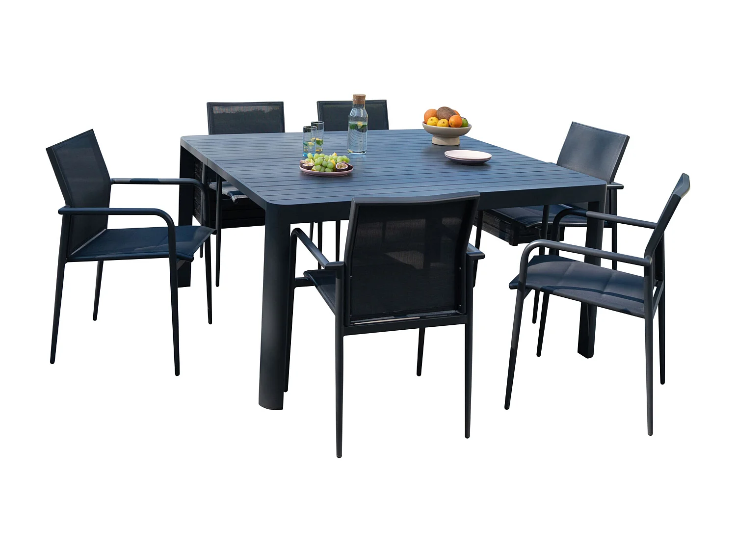 Ensemble Carrée 4/8p en full aluminium Gris avec 6 fauteuils COMO