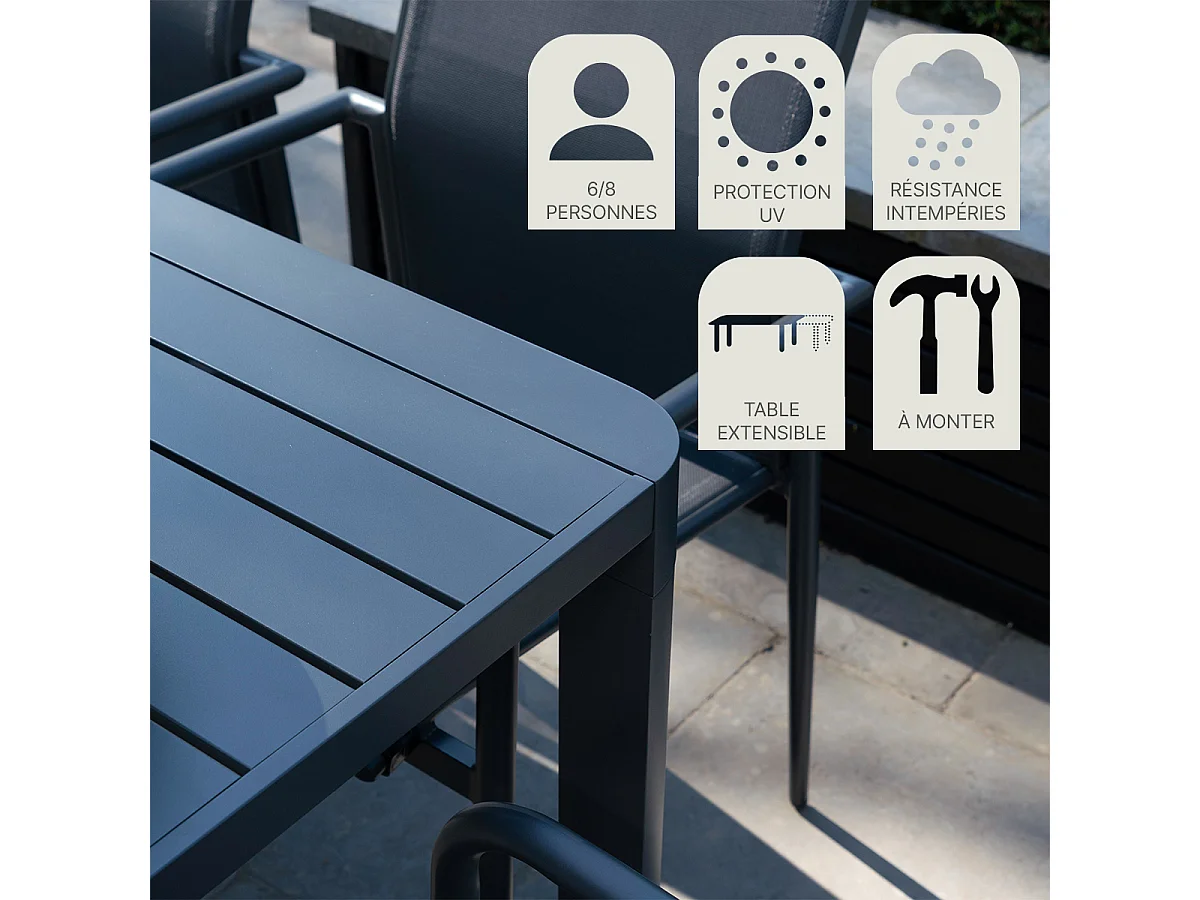 Ensemble de jardin aluminium anthracite 4/8 places extensible COMO